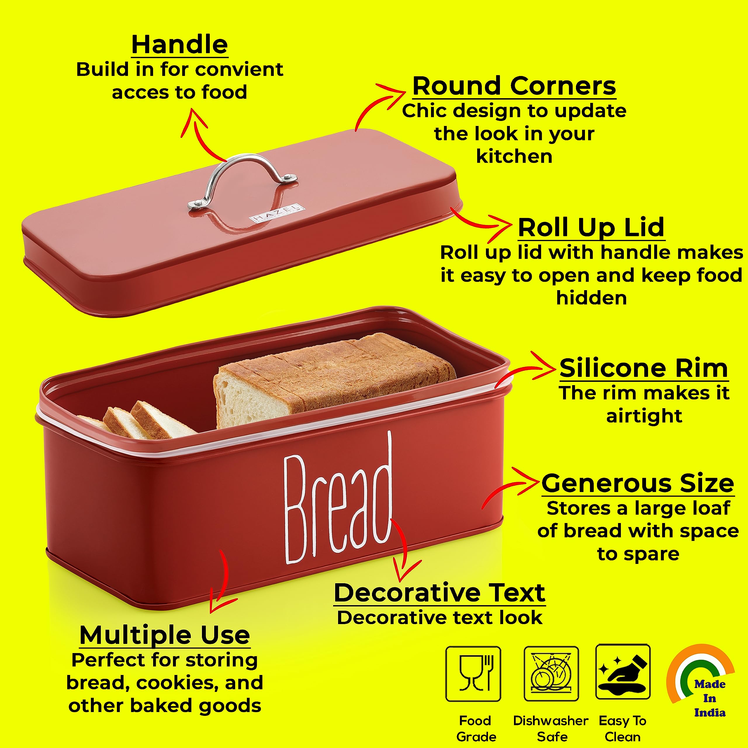 HAZEL Metal Bread Box with Handle Lid | 4100 ml Bread Storage Box for Kitchen | Bread Dispenser Box | Food Grade Storage Box for